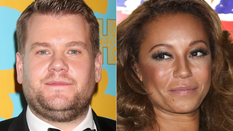 James Corden regarde fixement, Mel B regarde à gauche