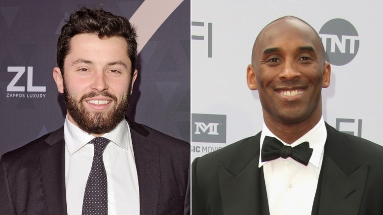 Une image composite de Baker Mayfield et Kobe Bryant souriant