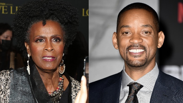 Janet Hubert avec des boucles d'oreilles pendantes ; Will Smith en costume-cravate