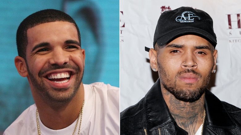 Drake, à gauche et Chris Brown, à droite sur les photos de presse