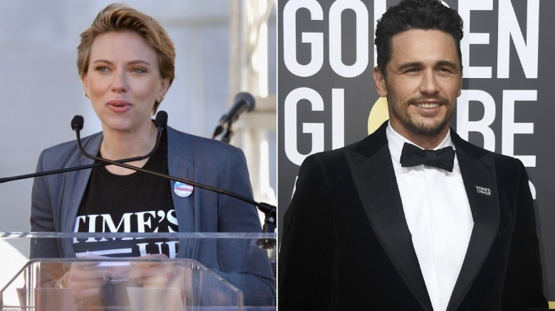 Scarlett Johansson derrière le podium, James Franco souriant