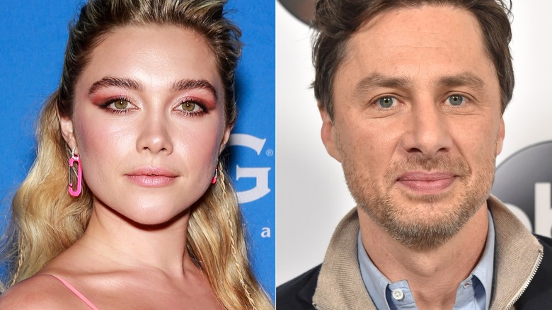 Florence Pugh en robe rose ; Zach Braff en chemise à col