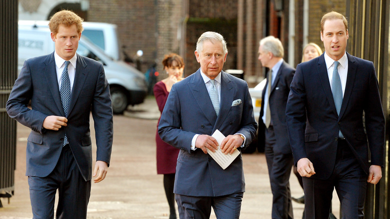 Le prince Harry, le prince William et le roi Charles marchant
