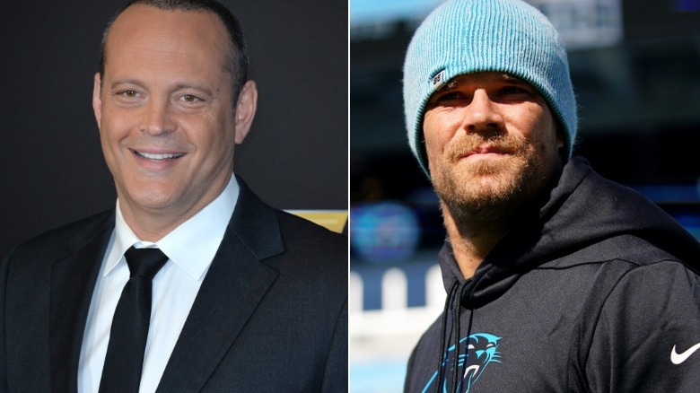 Vince Vaughn sur un tapis rouge ; Greg Olsen sur le terrain de football