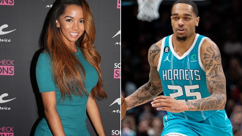 Une image composite de Brittany Renner souriant et PJ Washington jouant au basket