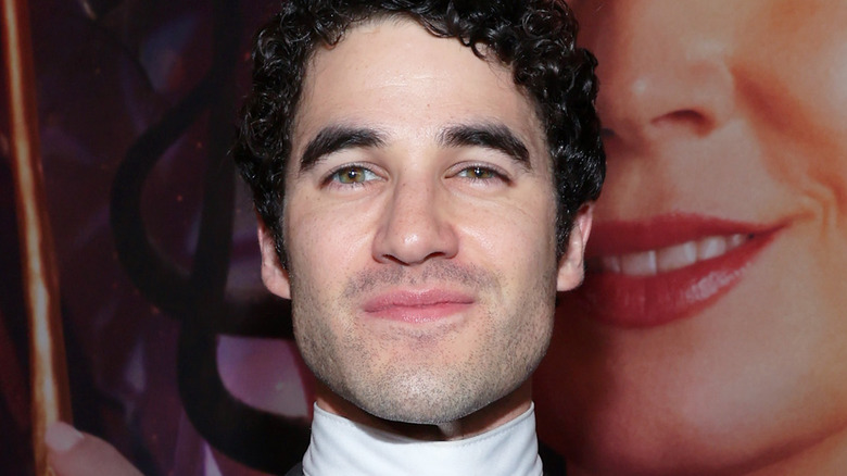 Darren Criss cheveux noirs bouclés yeux noisette vert barbe 5 heures ombre bouche fermée sourire