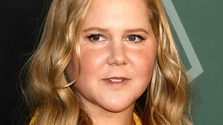 Amy Schumer cheveux ondulés, regardant sur le côté