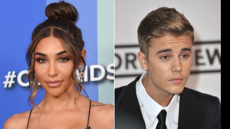 Chantel Jeffries souriante, Justin Bieber en costume