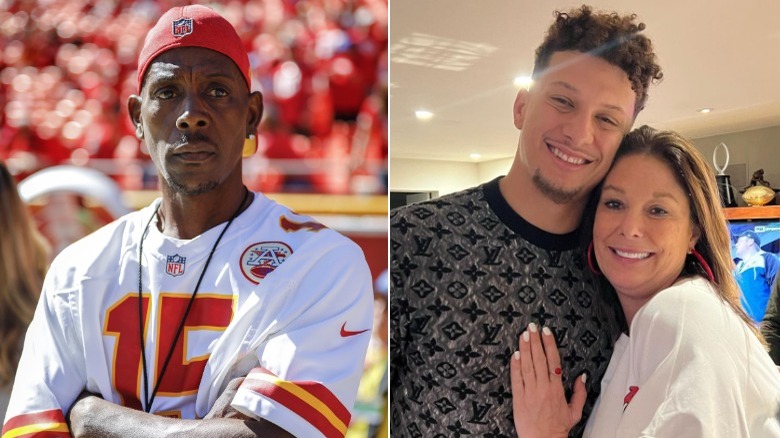 Pat Mahomes sur le terrain; Patrick Mahomes et Randi Mahomes s'embrassent