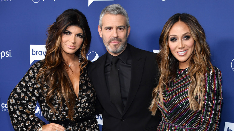 Teresa Giudice, Andy Cohen et Melissa Gorga souriant