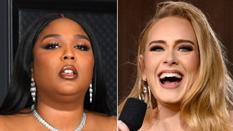 Lizzo posant puissamment, Adele souriant largement