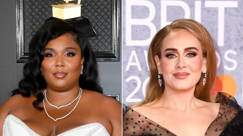 Lizzo posant sur le tapis rouge, Adele posant aux Brit Awards