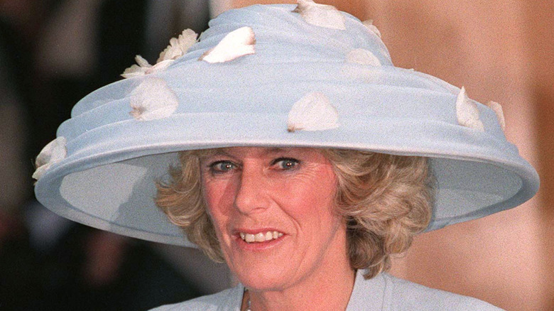 Camilla Queen Consort lors d'un événement, souriant, chapeau bleu pâle