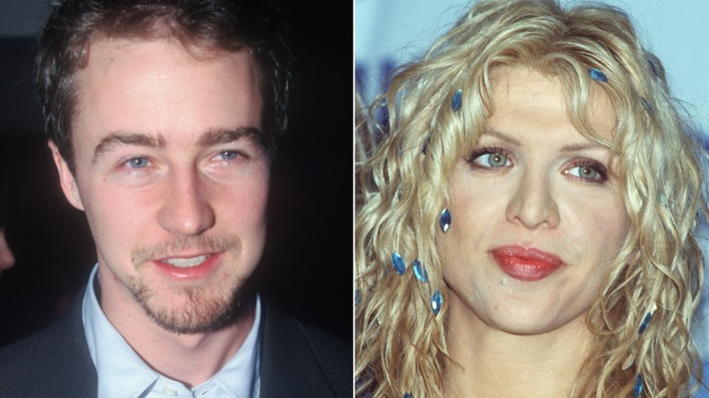 Edward Norton souriant, Courtney Love posant