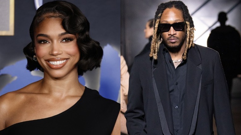 Lori Harvey souriant et Future marchant sur une piste