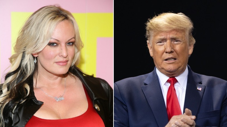 Stormy Daniels posant; Donald Trump s'exprimant