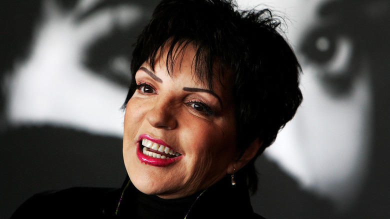 Liza Minnelli posant en rouge à lèvres rose