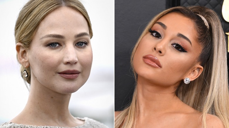 Jennifer Lawrence souriante, queue de cheval d'Ariana Grande