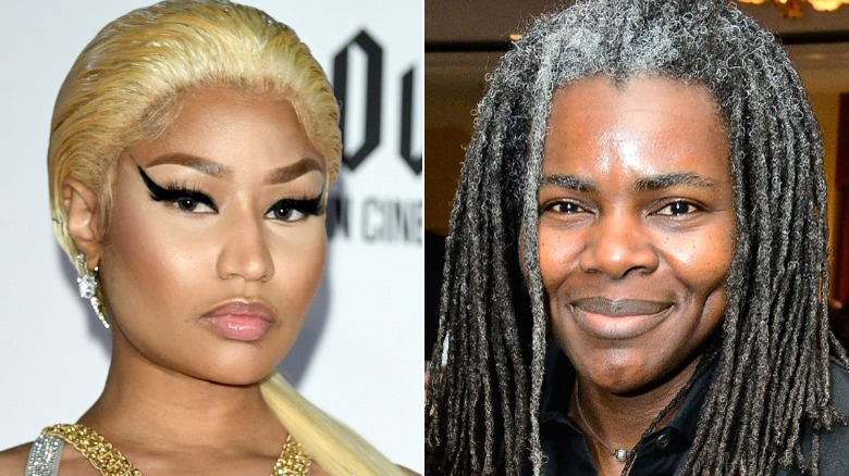 Nicki Minaj posant les cheveux blonds, Tracy Chapman souriant