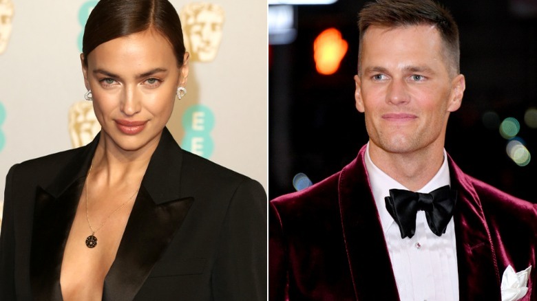 Photos côte à côte d'Irina Shayk posant sur le tapis rouge et de Tom Brady souriant 