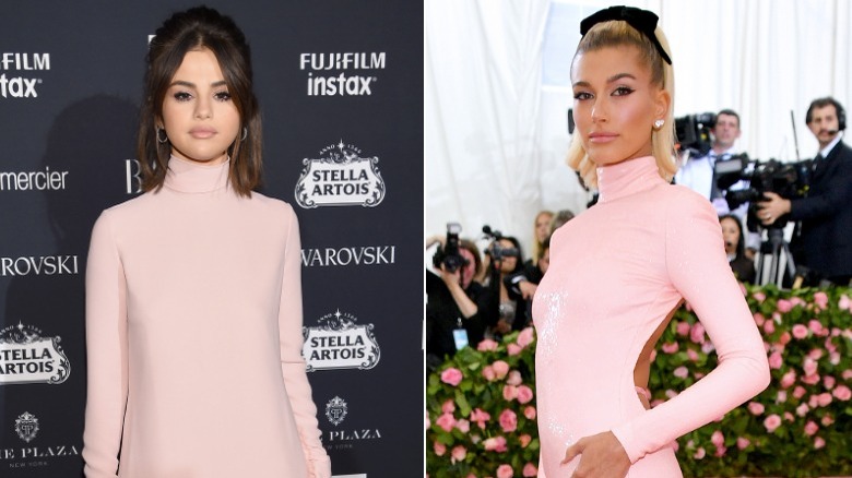 Photos côte à côte de Selena Gomez et Hailey Bieber posant 