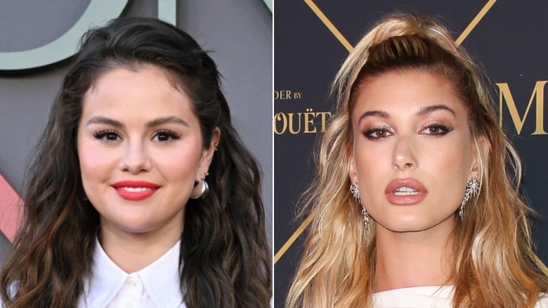 Photos côte à côte de Selena Gomez et Hailey Bieber posant 