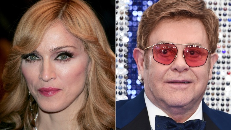 Madonna posant et Elton John souriant