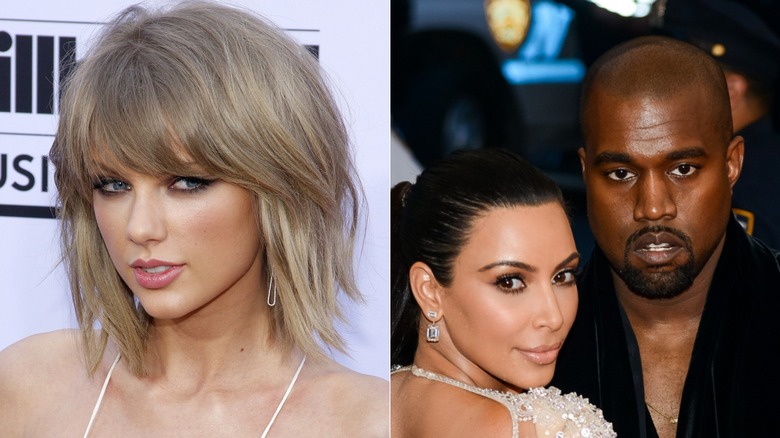 Taylor Swift posant et Kim Kardashian et Kanye West posant ensemble