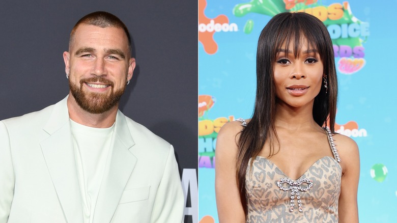 Travis Kelce souriant, Zuri Hall posant