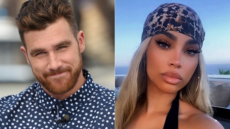 Travis Kelce tête inclinée, selfie de Maya Benberry