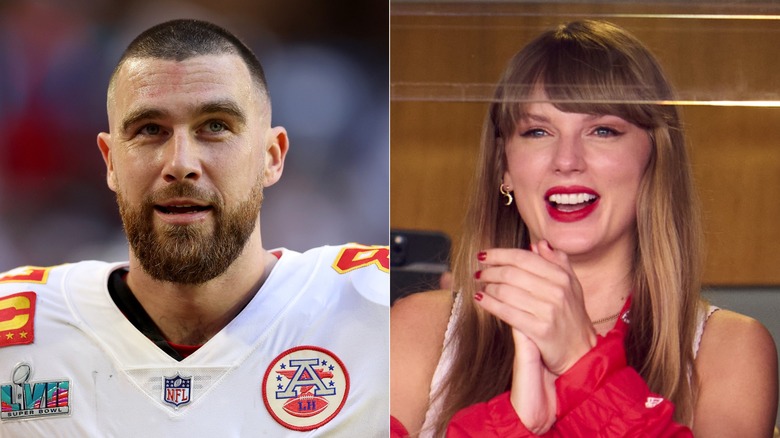 Travis Kelce lève les yeux et sourit, Taylor Swift applaudit