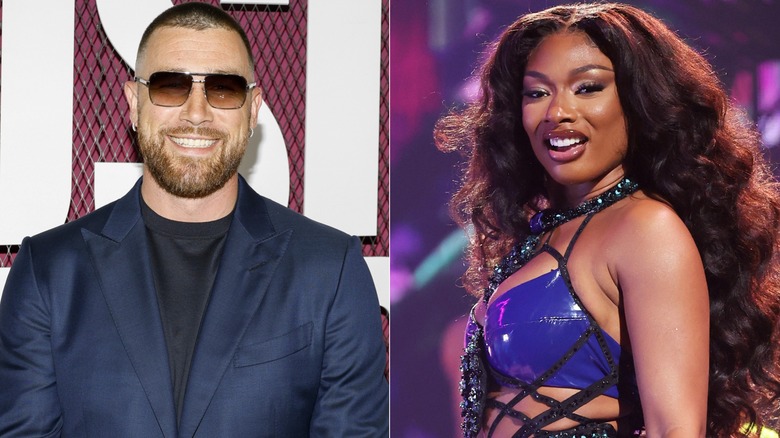 Travis Kelce souriant, Megan Thee Stallion jouant