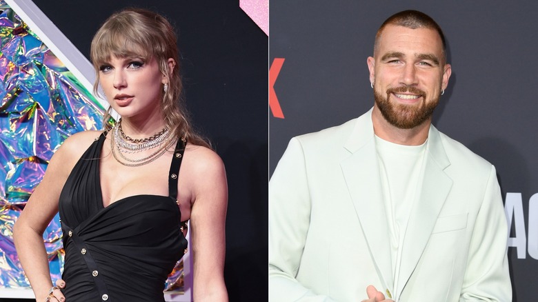 Taylor Swift posant, Travis Kelce souriant