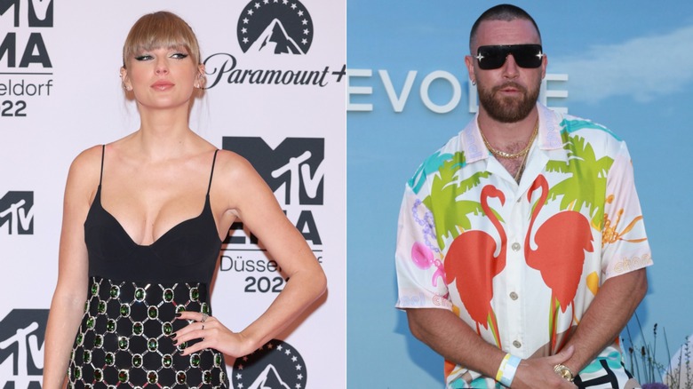 Taylor Swift avec la main sur la hanche, Travis Kelce portant une chemise flamant rose