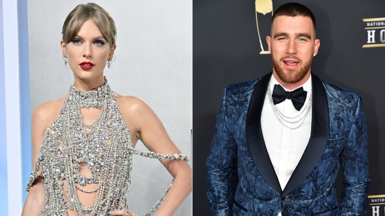 Taylor Swift porte une robe perlée, Travis Kelce porte un nœud papillon