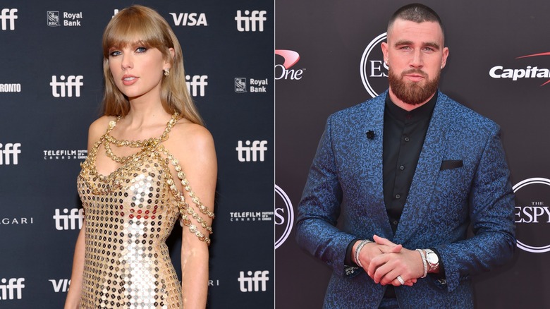 Taylor Swift porte une robe dorée, Travis Kelce porte un blazer bleu