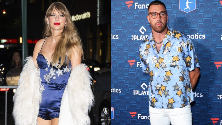 Taylor Swift posant en robe bleue, Travis Kelce portant des vêtements à motifs d'étoiles