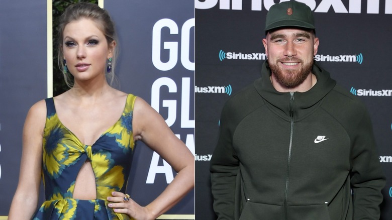 Taylor Swift posant, Travis Kelce souriant