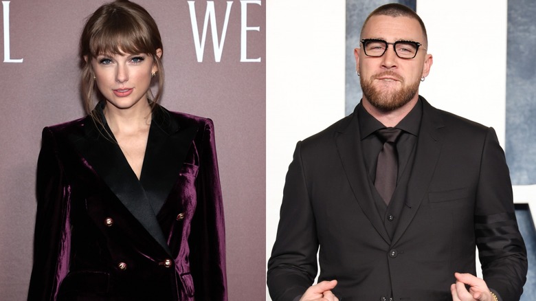 Taylor Swift posant, Travis Kelce portant des lunettes