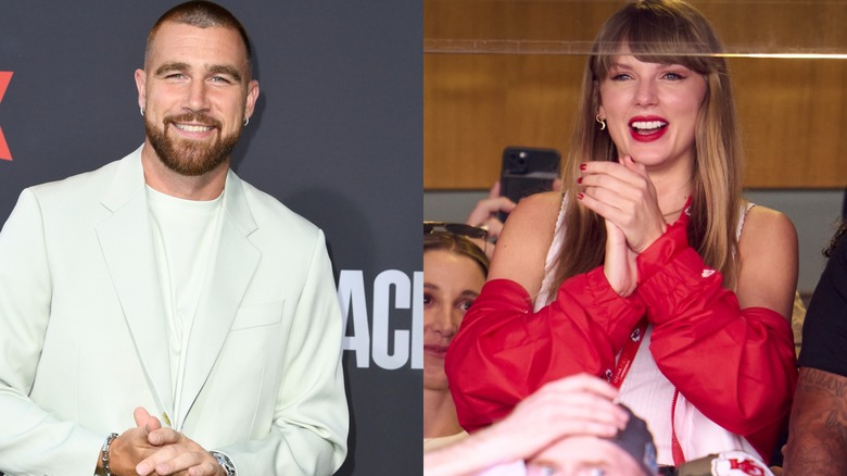 Photos côte à côte de Travis Kelce et Taylor Swift souriants