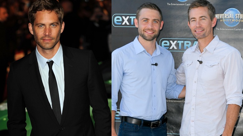 Paul Walker en costume-cravate ; Cody Walker et Caleb Walker souriants