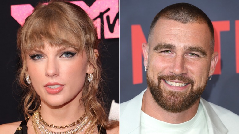 Taylor Swift; Travis Kelce souriant