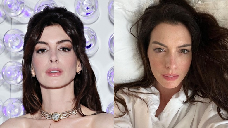 Anne Hathaway portant un tour de cou, au lit