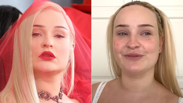 Kim Petras portant un voile rouge et un bandeau