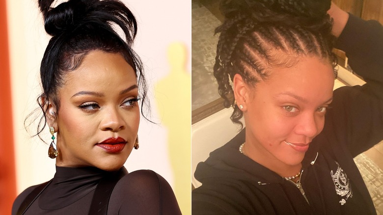 Rihanna porte les cheveux relevés