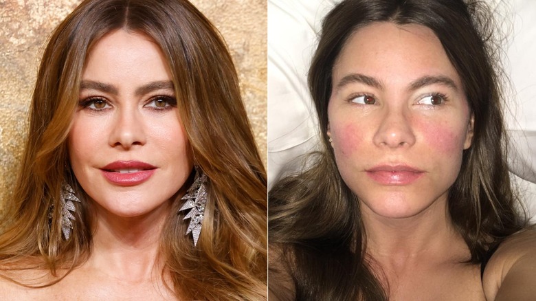 Sofia Vergara avec boucles d'oreilles lustre, joues rouges