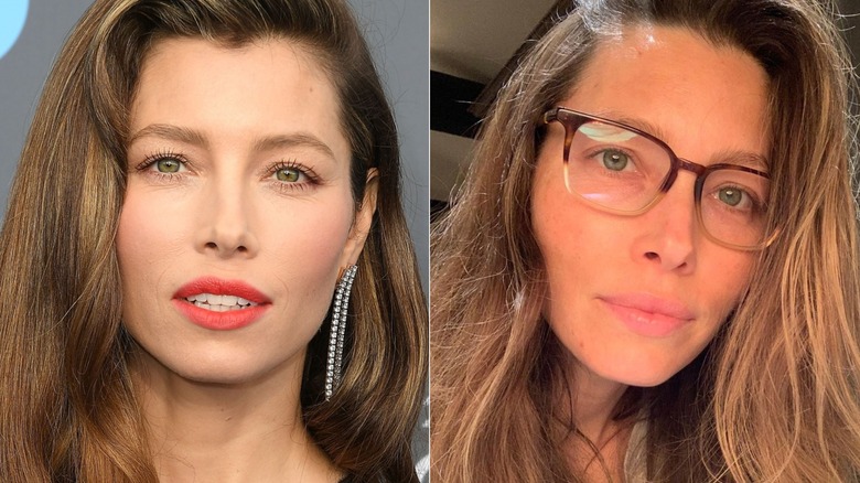 Jessica Biel porte du rouge à lèvres corail et des lunettes