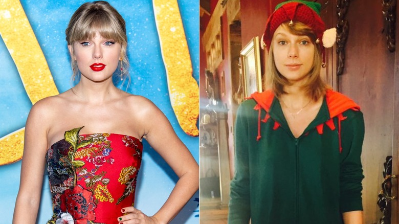 Taylor Swift porte une robe rouge et un costume d'elfe