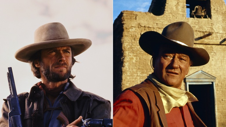 Photos côte à côte de Clint Eastwood et John Wayne posant en personnage