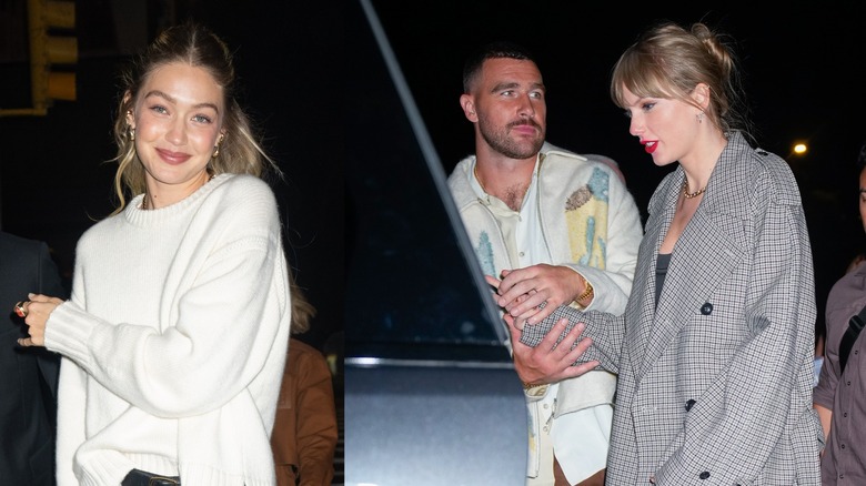 Gigi Hadid souriante ; Travis Kelce tenant la main de Taylor Swift